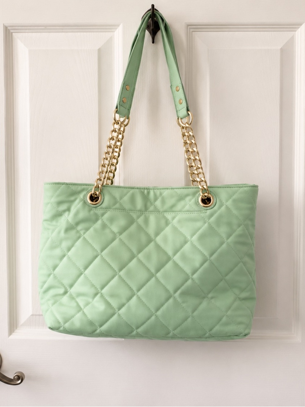 Charming Charlie Quilted Tote Bag in Mint Green with Chain Handles